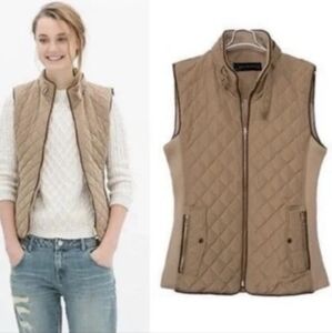 Zara Tan Quilted Vest with Stand-Up Collar